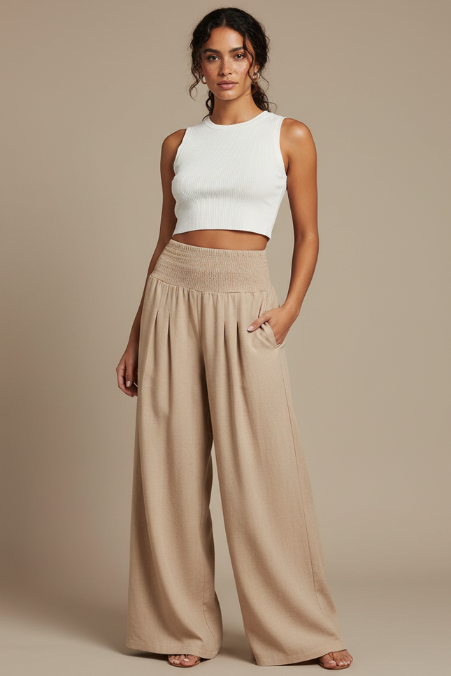 Pantalon Parachute Beige Ample Plissé Smocké Femme - Viscose