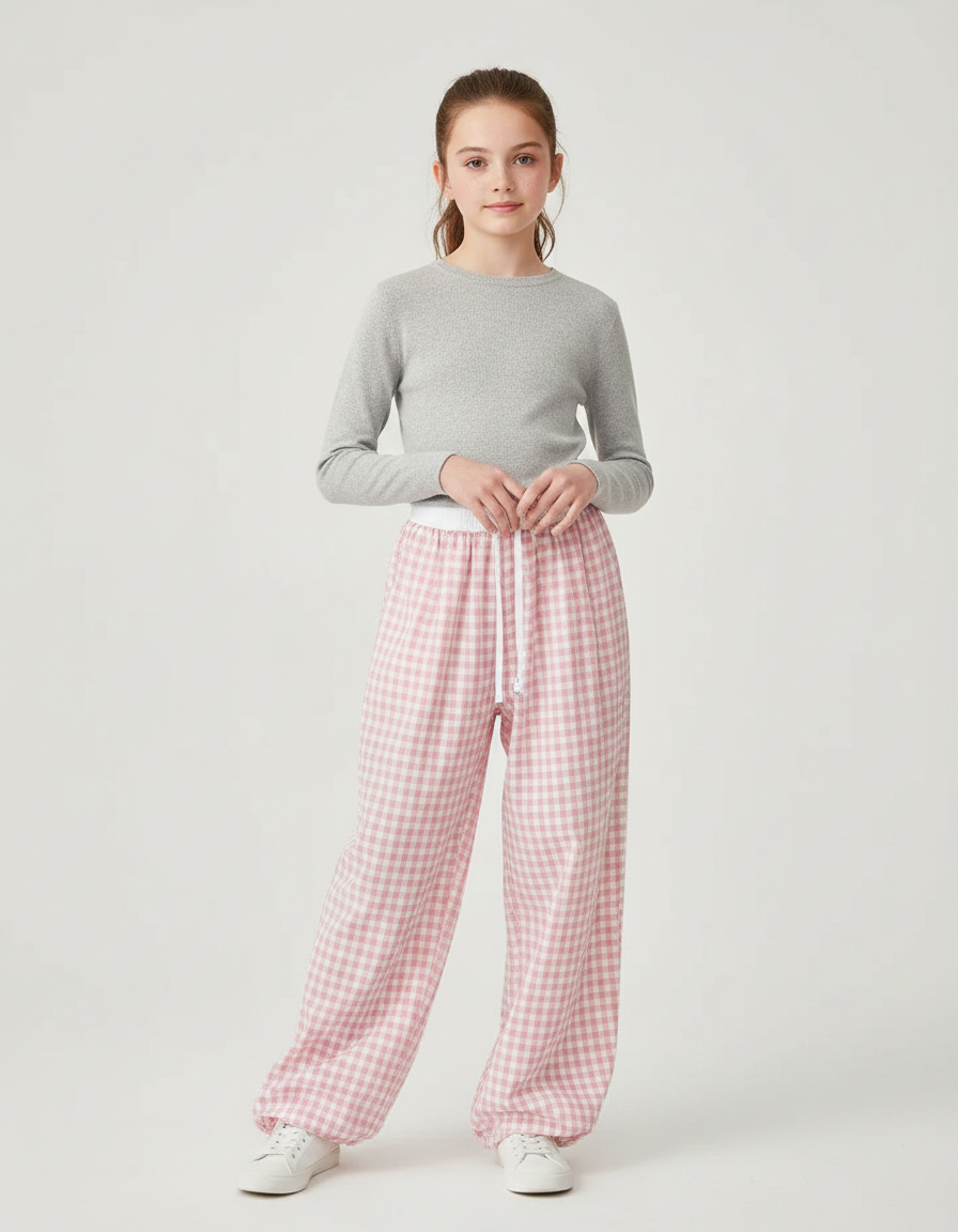 Pantalon Parachute Rose Vichy Coton Ample Enfant