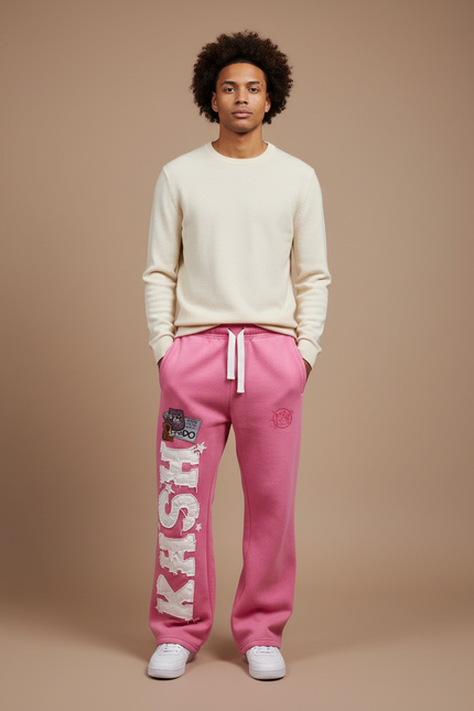 Pantalon Parachute Rose Molletonné Ample Imprimé Streetwear