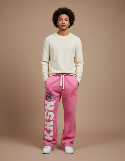 Pantalon Parachute Rose Molletonné Ample Imprimé Streetwear
