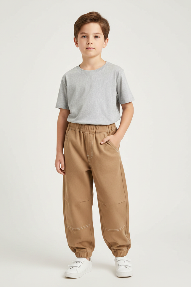 Pantalon Parachute Marron Ample Garçon Décontracté - Camel Toile