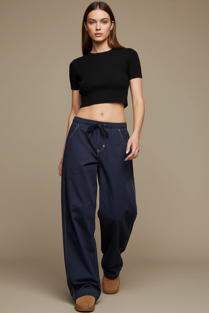 Pantalon Parachute Marine Ample Coutures Visibles Casual - Coton