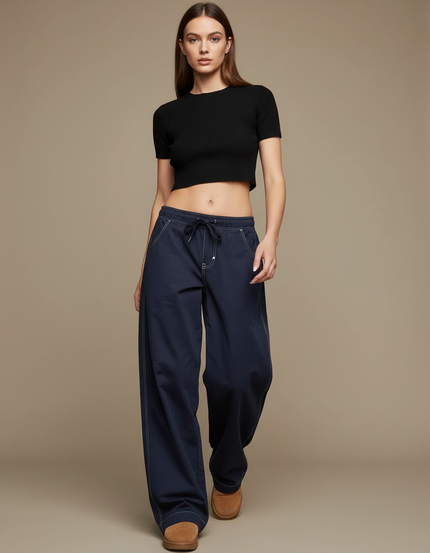 Pantalon Parachute Marine Ample Coutures Visibles Casual - Coton