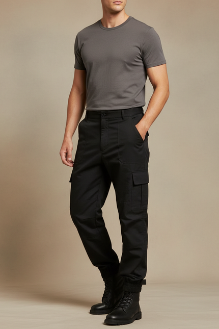 Pantalon Parachute Noir Cargo Homme Militaire Multipoches - Toile