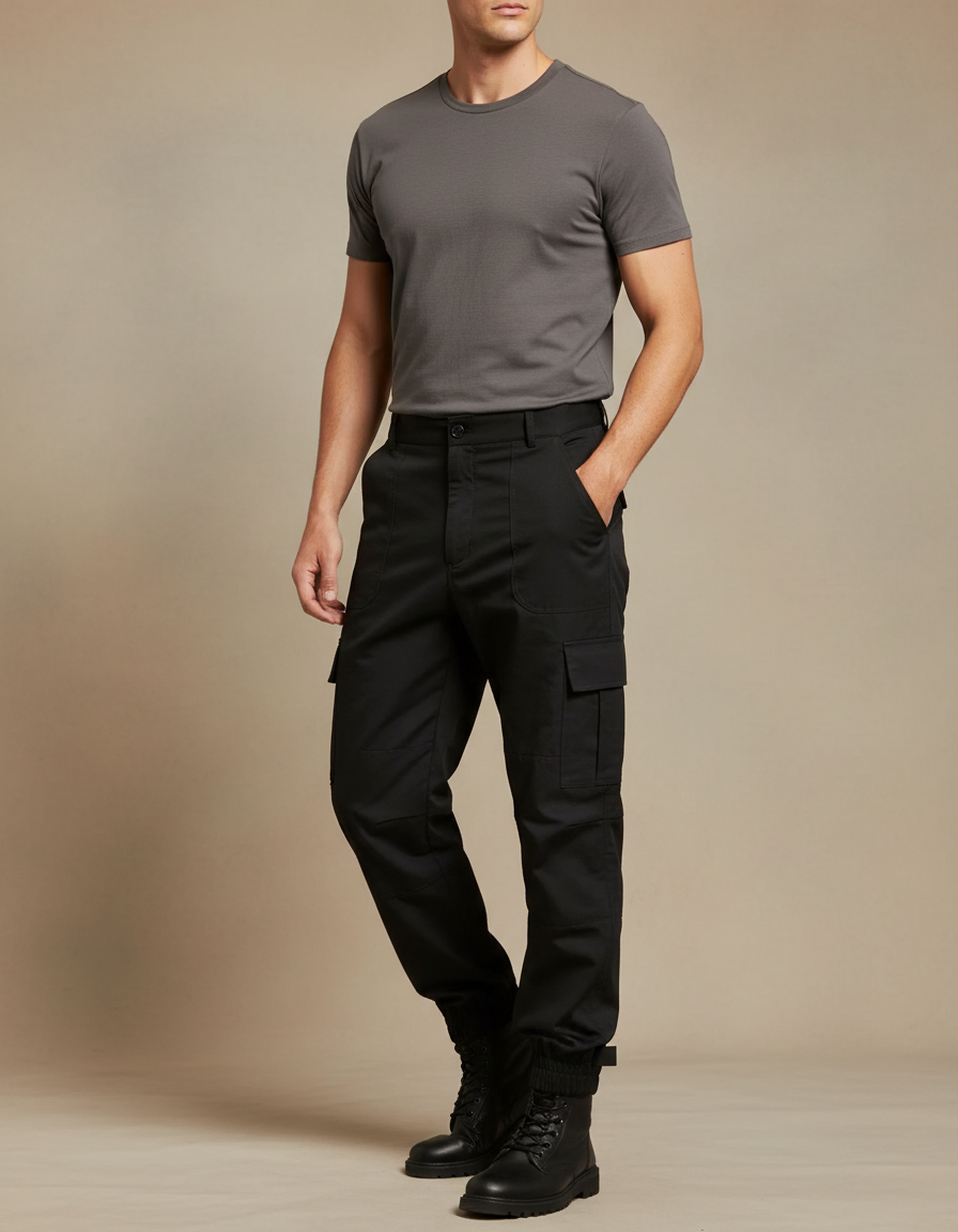 Pantalon Parachute Noir Cargo Homme Militaire Multipoches - Toile