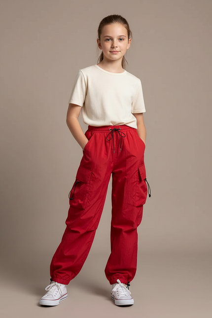 Pantalon Parachute Fille Cargo Nylon Streetwear 3 - Rouge Polyester