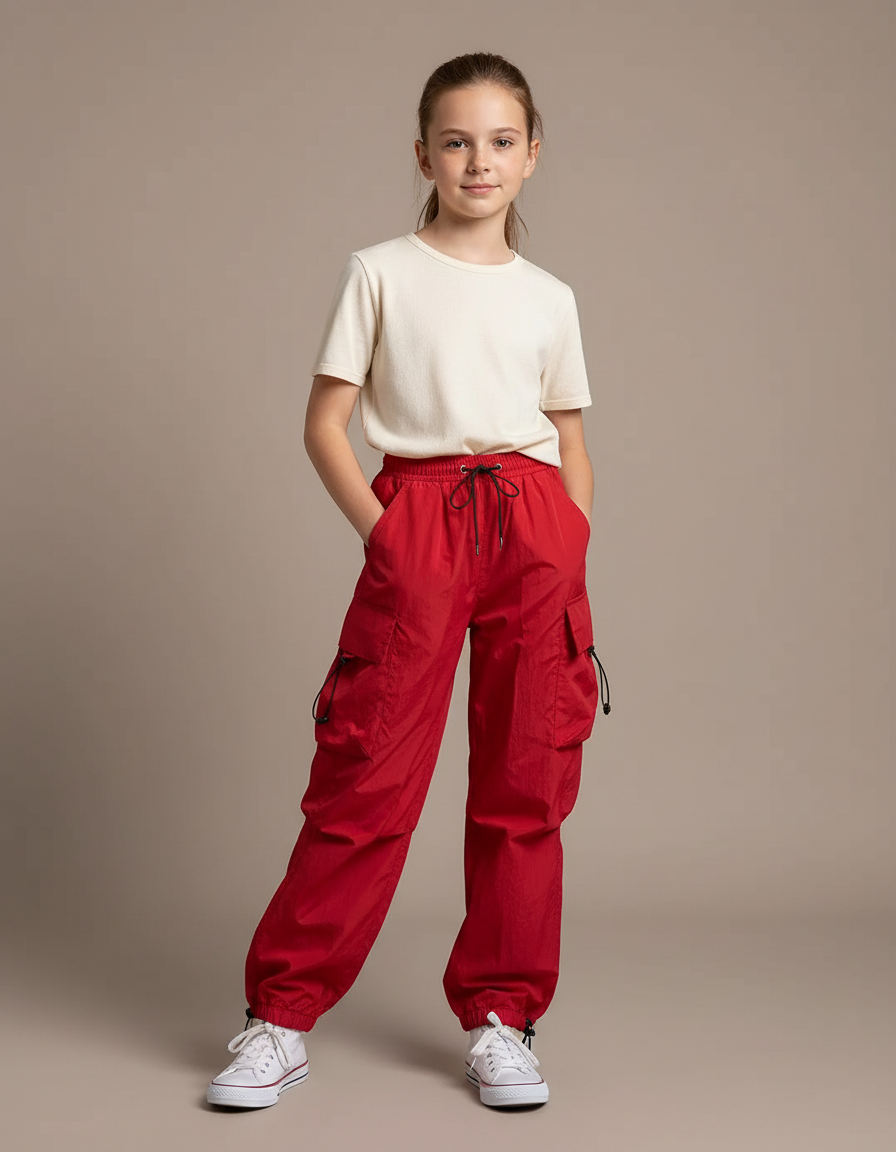 Pantalon Parachute Fille Cargo Nylon Streetwear 3 - Rouge Polyester