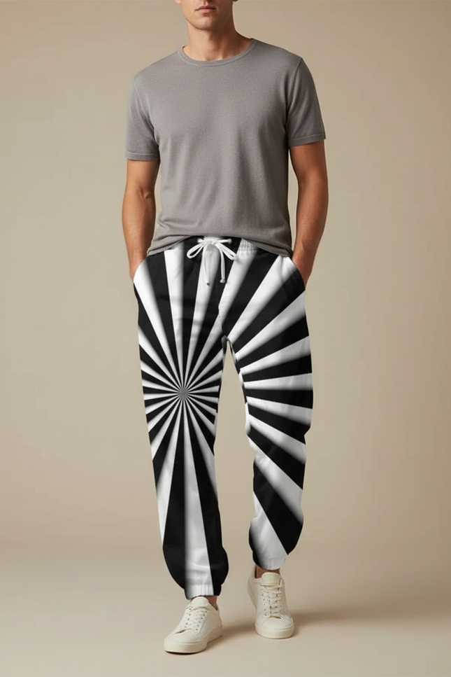Pantalon Parachute Noir Blanc Rayé Ample Décontracté Homme - Multicolore Polyester
