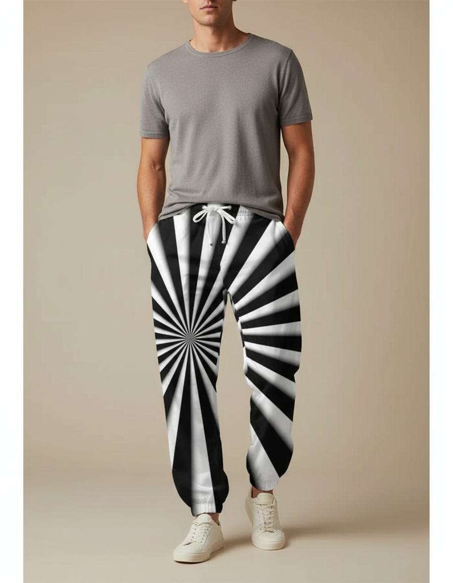 Pantalon Parachute Noir Blanc Rayé Ample Décontracté Homme - Multicolore Polyester