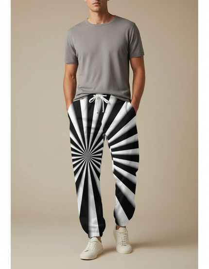 Pantalon Parachute Noir Blanc Rayé Ample Décontracté Homme - Multicolore Polyester