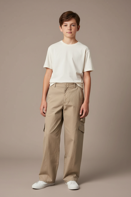 Pantalon Parachute Kaki Ample Cargo Coton Garçon