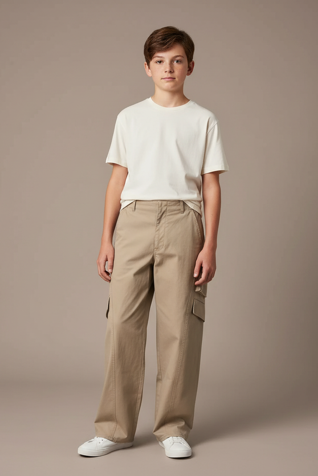 Pantalon Parachute Kaki Ample Cargo Coton Garçon