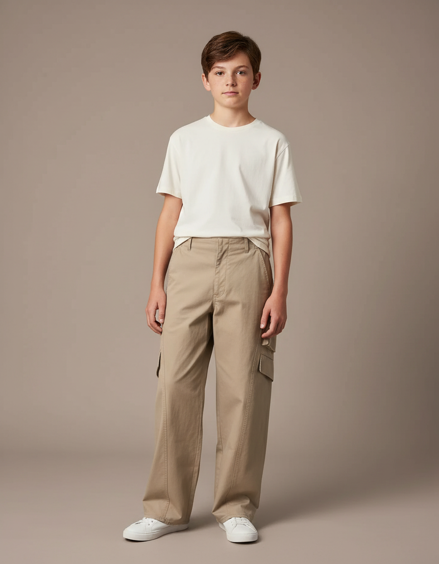 Pantalon Parachute Kaki Ample Cargo Coton Garçon