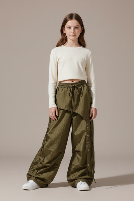 Pantalon Parachute Kaki Ample Streetwear Fille - Polyester