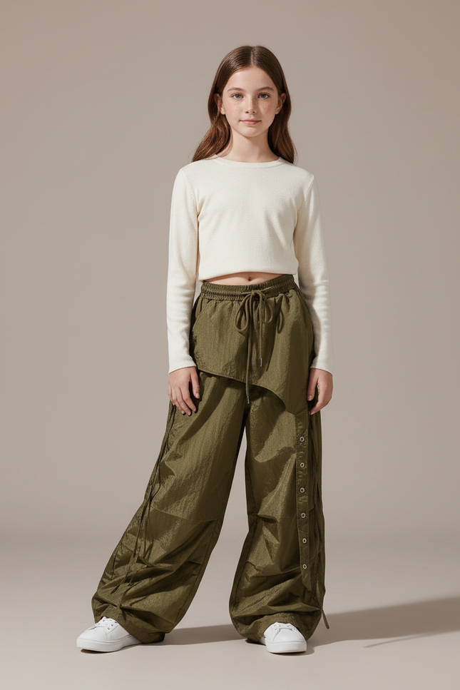 Pantalon Parachute Kaki Ample Streetwear Fille - Polyester