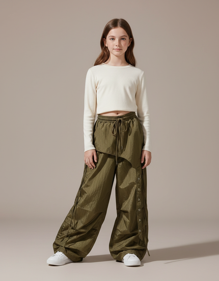 Pantalon Parachute Kaki Ample Streetwear Fille - Polyester
