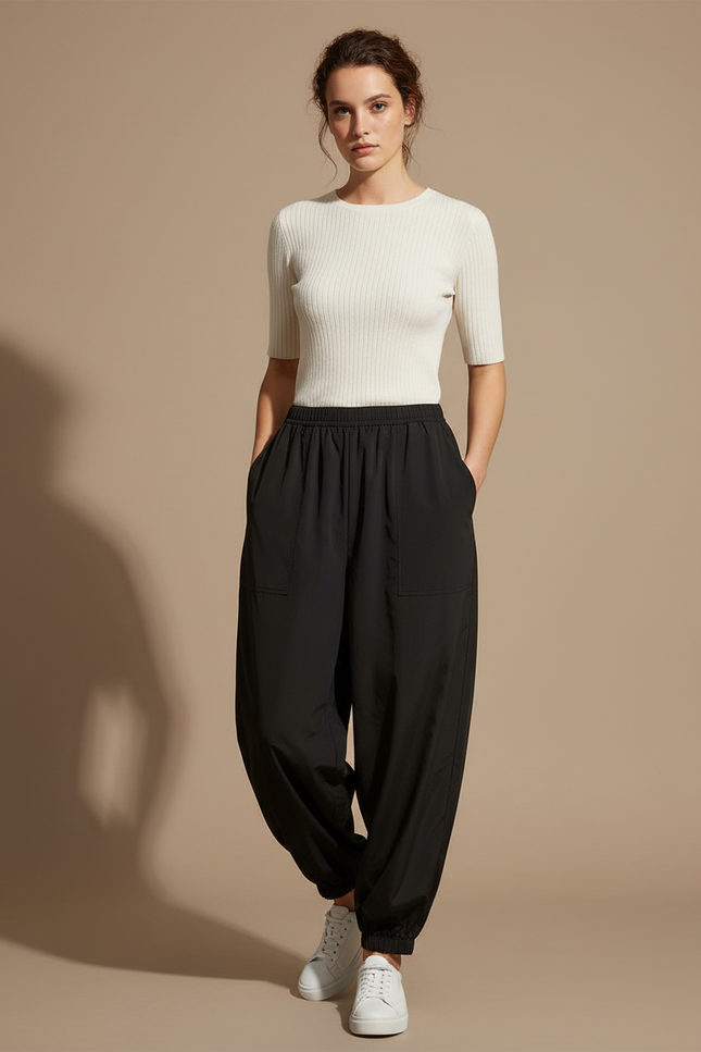 Pantalon Parachute Noir Ample Décontracté Fluide Femme - Polyester