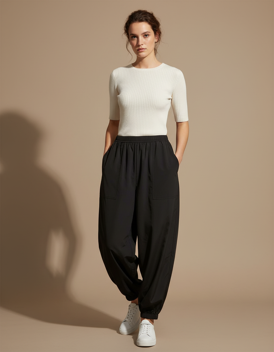 Pantalon Parachute Noir Ample Décontracté Fluide Femme - Polyester