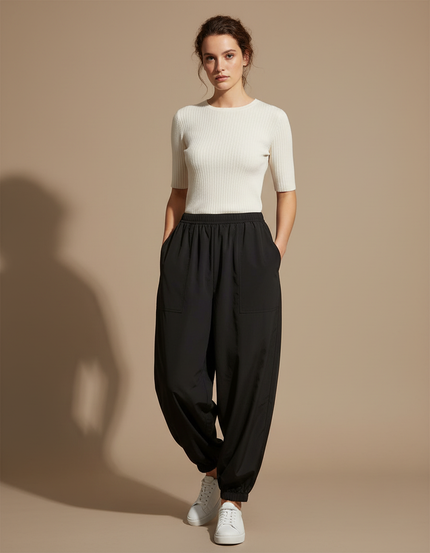 Pantalon Parachute Noir Ample Décontracté Fluide Femme - Polyester