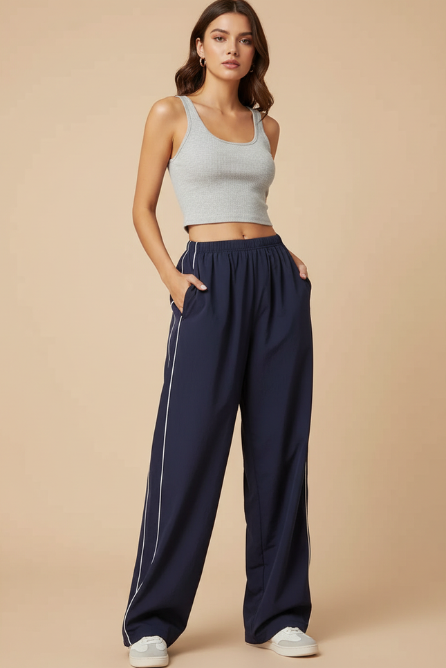 Pantalon Parachute Bleu Marine Ample Rayures Blanches - Polyester