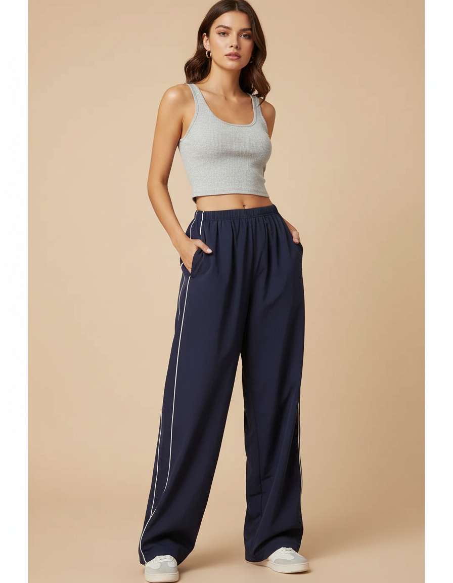 Pantalon Parachute Bleu Marine Ample Rayures Blanches - Polyester