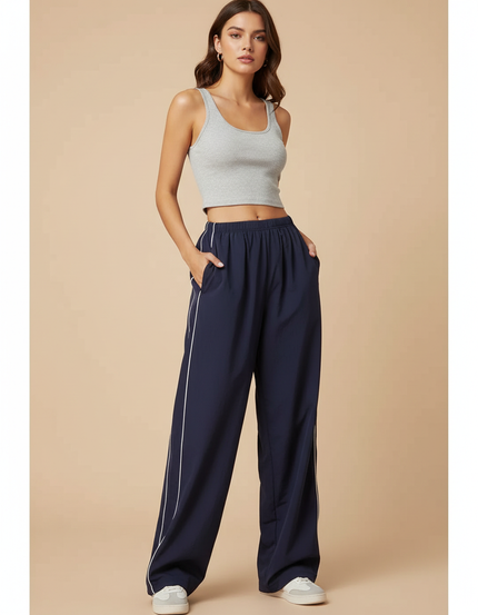 Pantalon Parachute Bleu Marine Ample Rayures Blanches - Polyester