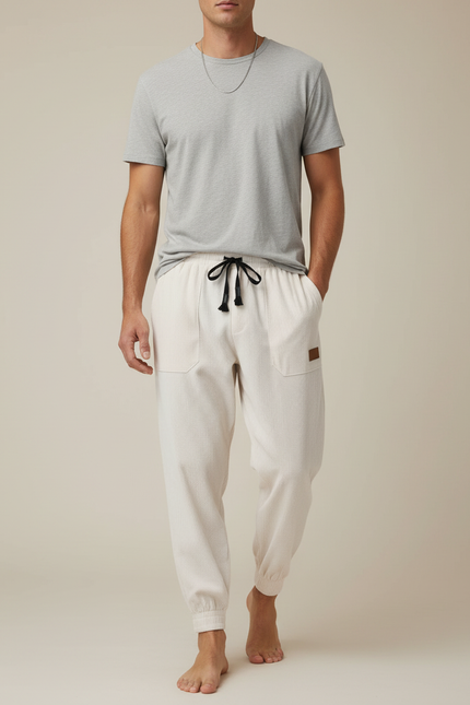 Pantalon Parachute Côtelé Ample Écru Décontracté Homme - Beige Cordé
