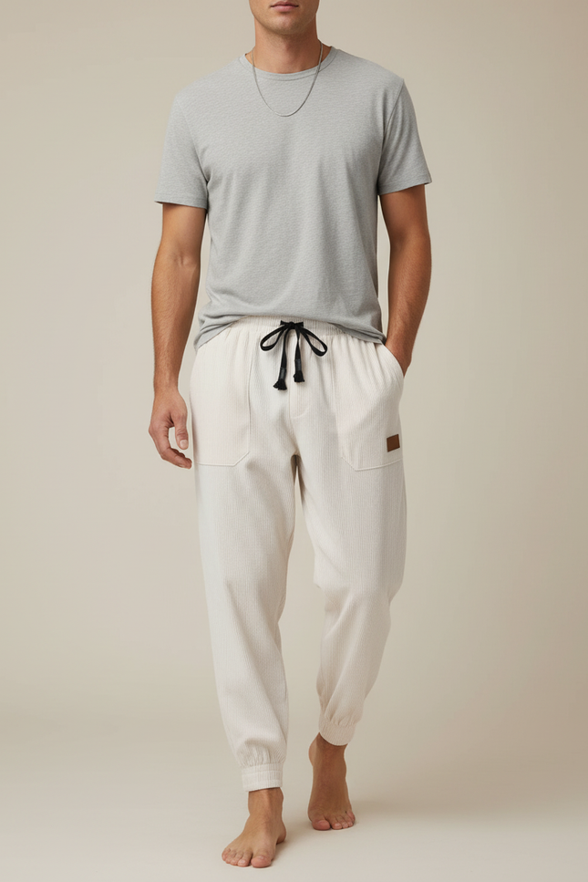 Pantalon Parachute Côtelé Ample Écru Décontracté Homme - Beige Cordé