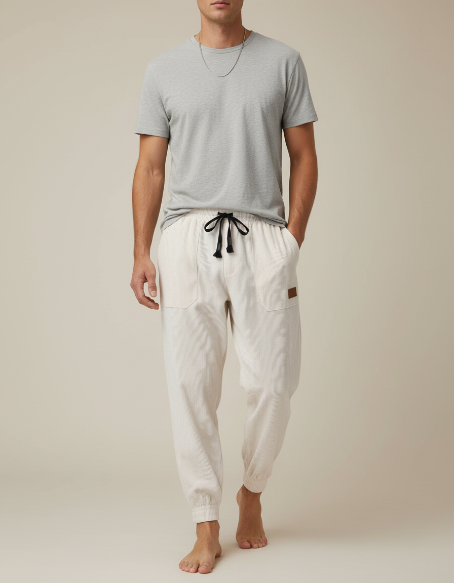 Pantalon Parachute Côtelé Ample Écru Décontracté Homme - Beige Cordé