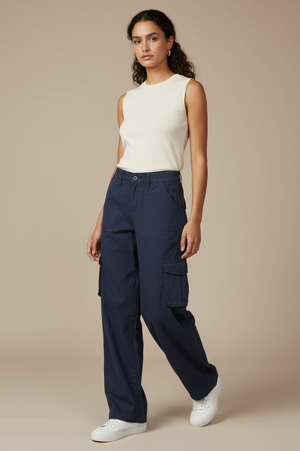 Pantalon Parachute Bleu Marine Cargo Ample Femme Coton