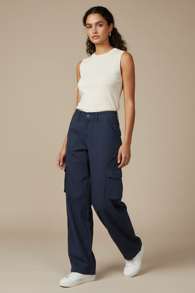 Pantalon Parachute Bleu Marine Cargo Ample Femme Coton