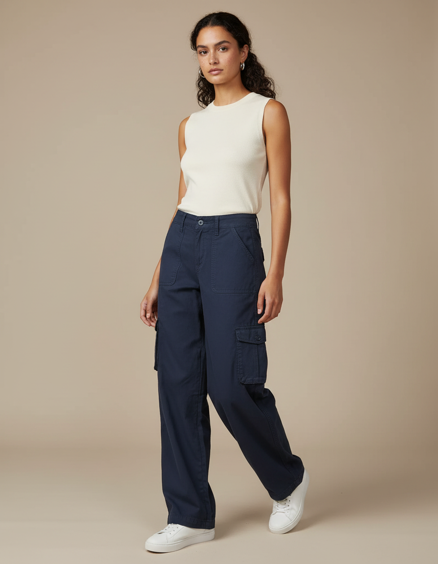 Pantalon Parachute Bleu Marine Cargo Ample Femme Coton
