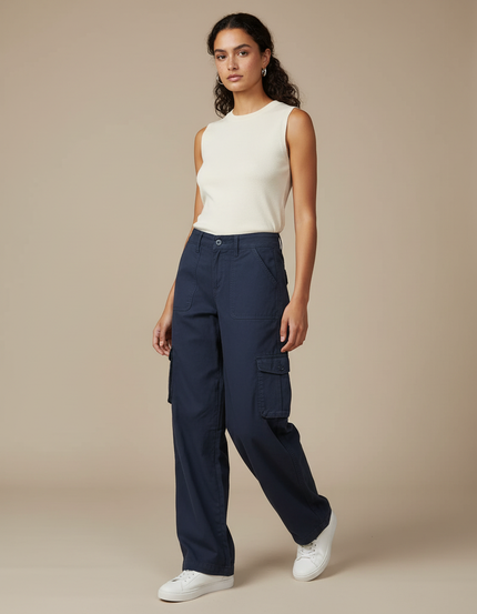 Pantalon Parachute Bleu Marine Cargo Ample Femme Coton