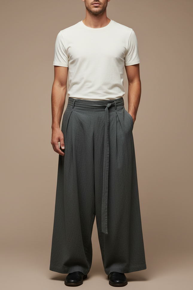 Pantalon Parachute Gris Ample Lin Plissé Homme Décontracté