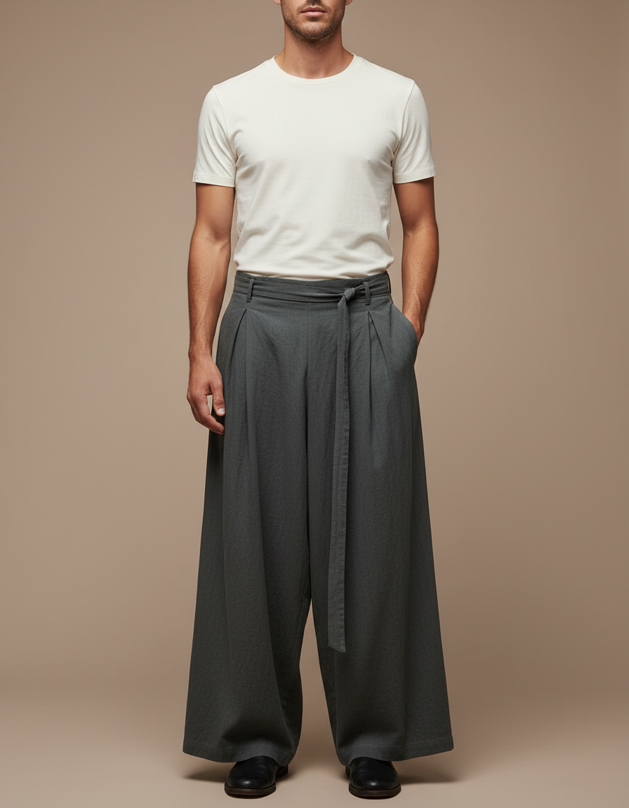 Pantalon Parachute Gris Ample Lin Plissé Homme Décontracté