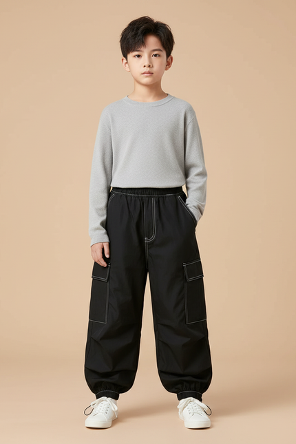 Pantalon Parachute Noir Cargo Ample Enfant - Polyester