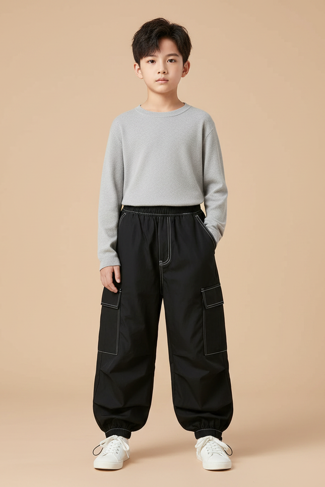 Pantalon Parachute Noir Cargo Ample Enfant - Polyester