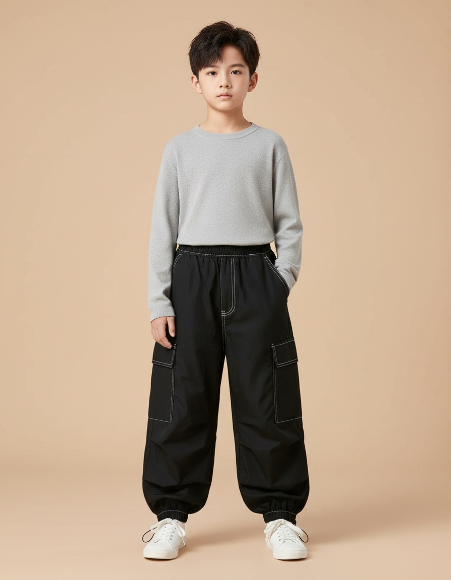 Pantalon Parachute Noir Cargo Ample Enfant - Polyester
