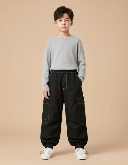 Pantalon Parachute Noir Cargo Ample Enfant - Polyester