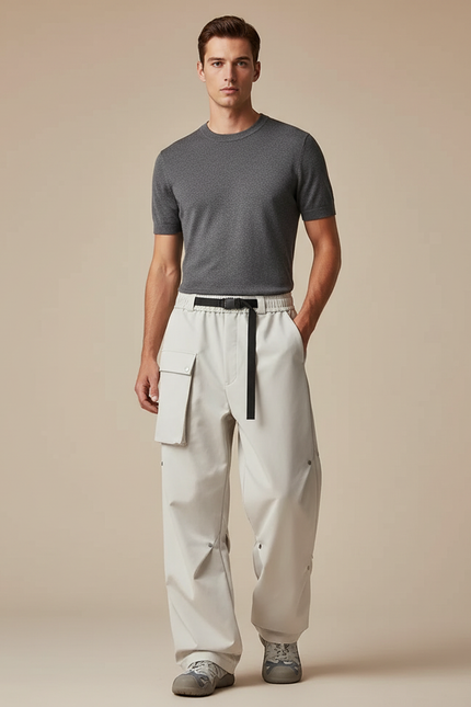 Pantalon Parachute Beige Ample Fonctionnel Ceinturé Moderne - Polyester