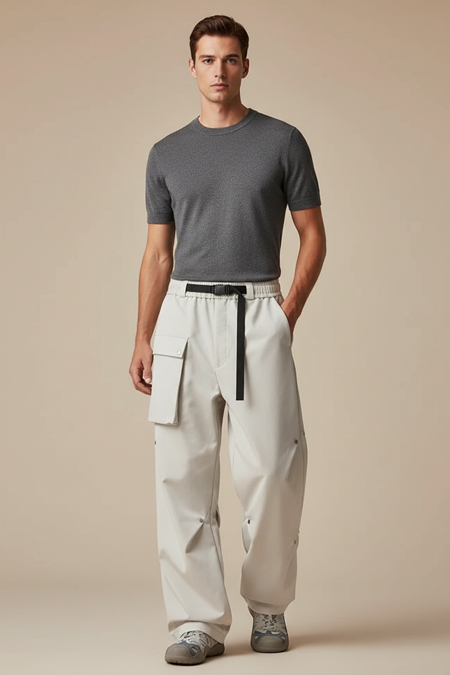 Pantalon Parachute Beige Ample Fonctionnel Ceinturé Moderne - Polyester