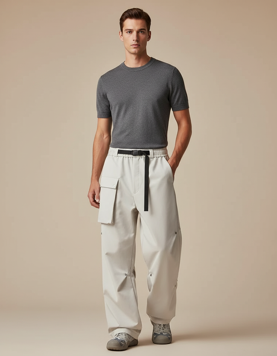 Pantalon Parachute Beige Ample Fonctionnel Ceinturé Moderne - Polyester