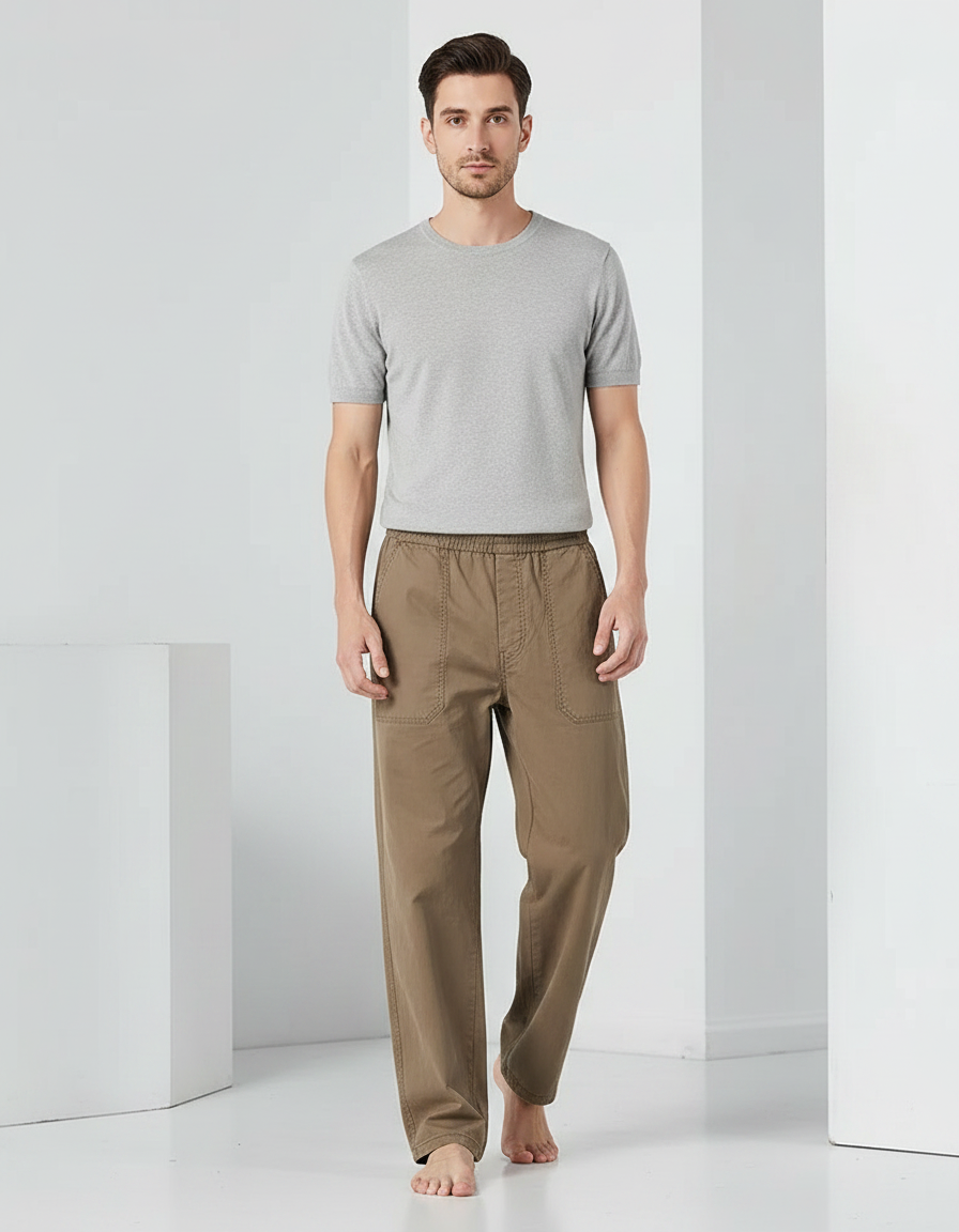 Pantalon Parachute Marron Ample Décontracté Homme Coton - Kaki Toile