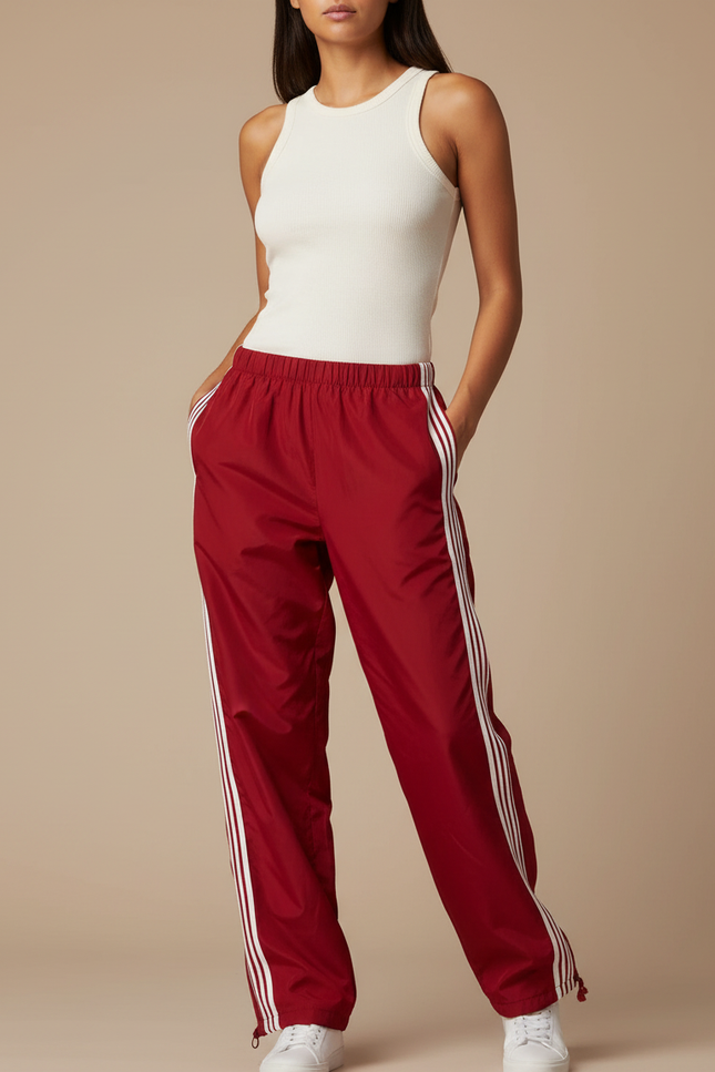 Pantalon Parachute Rouge Ample Sport Rayures Blanches - Polyester