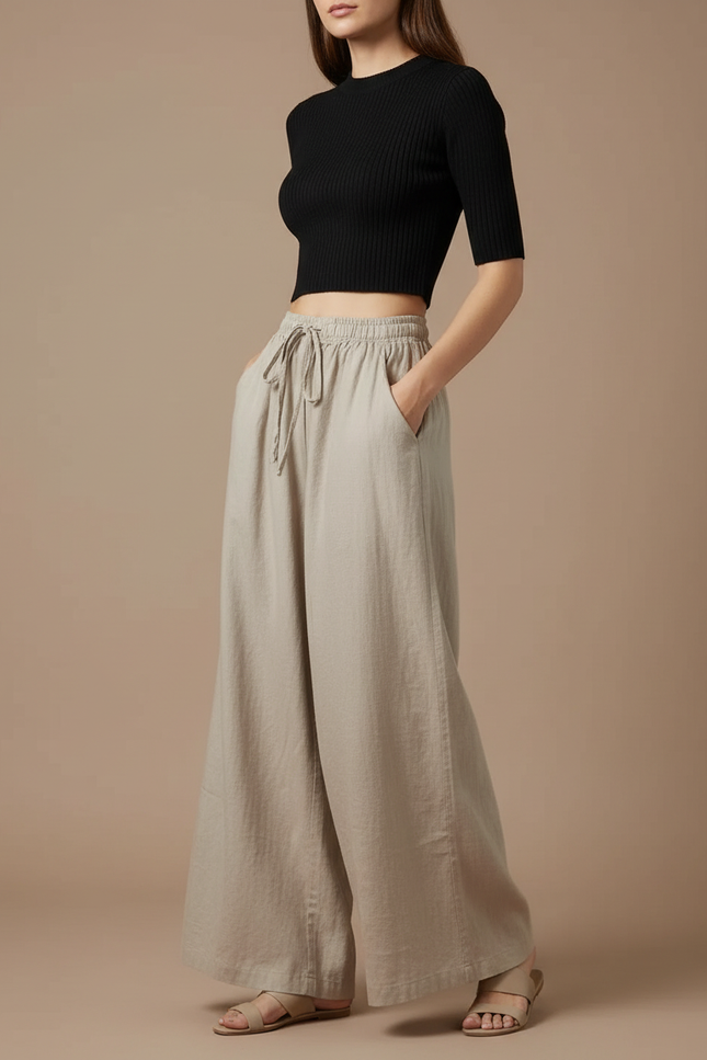 Pantalon Parachute Beige Lin Ample Décontracté Fluide Femme