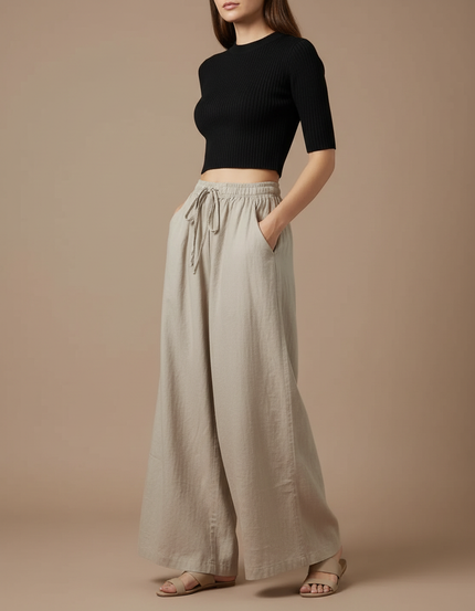 Pantalon Parachute Beige Lin Ample Décontracté Fluide Femme