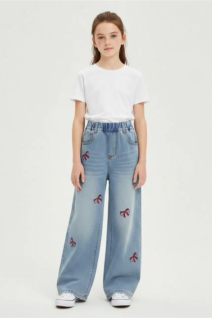 Pantalon Parachute Denim Ample Nœuds Brodés Fille - Bleu Jean