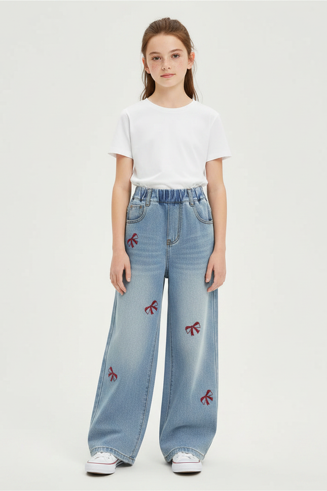 Pantalon Parachute Denim Ample Nœuds Brodés Fille - Bleu Jean