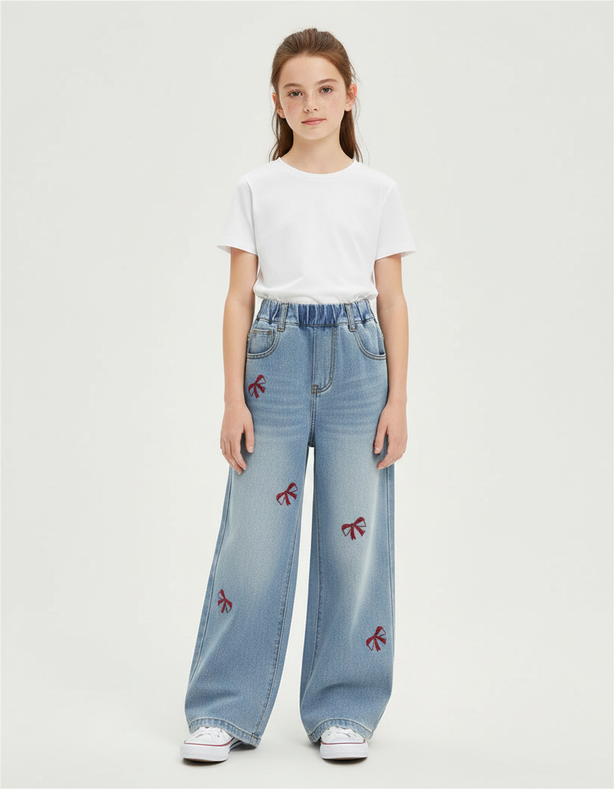 Pantalon Parachute Denim Ample Nœuds Brodés Fille - Bleu Jean