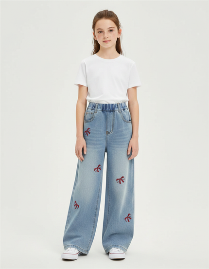 Pantalon Parachute Denim Ample Nœuds Brodés Fille - Bleu Jean